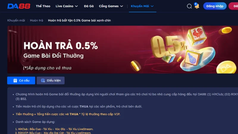 DA88 triển khai chương trình hoàn tiền 0,5% siêu hấp dẫn